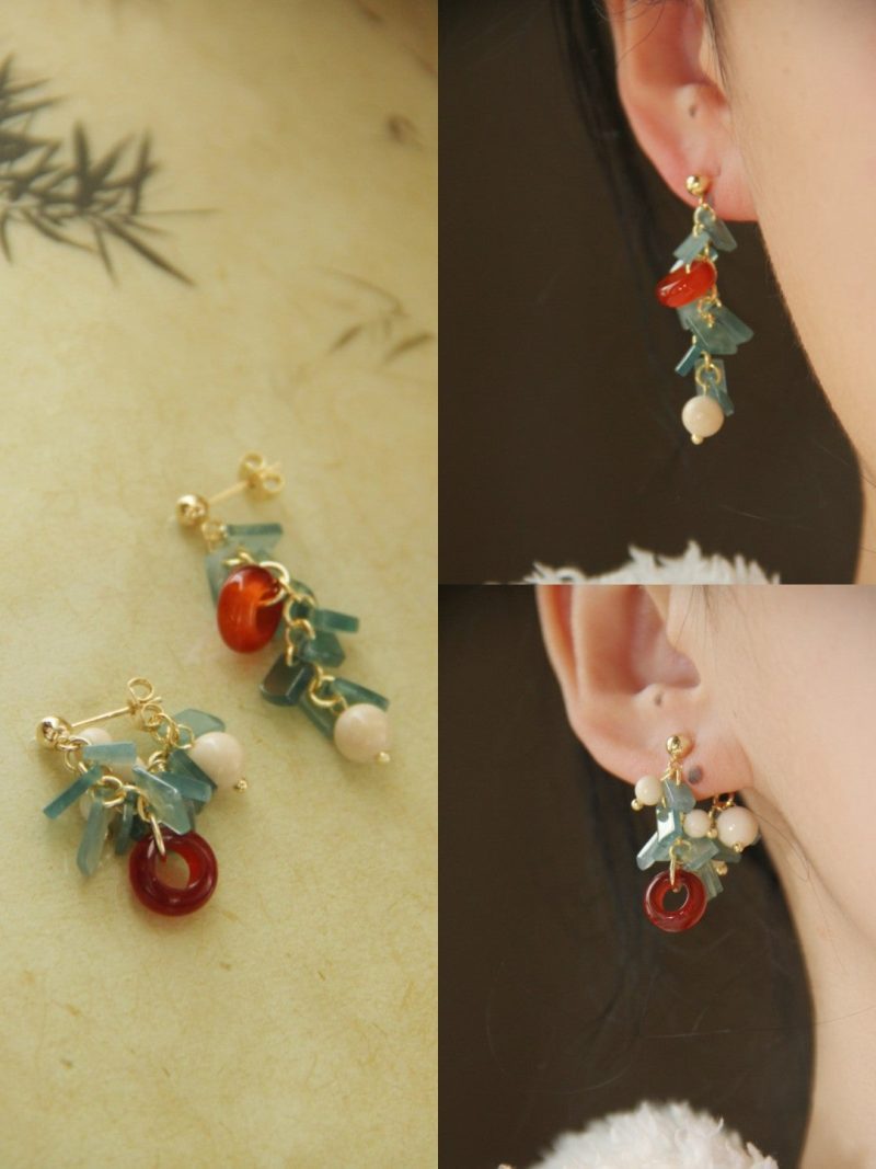 Chinoiserie NaturalJadeAgateBambooEarrings3