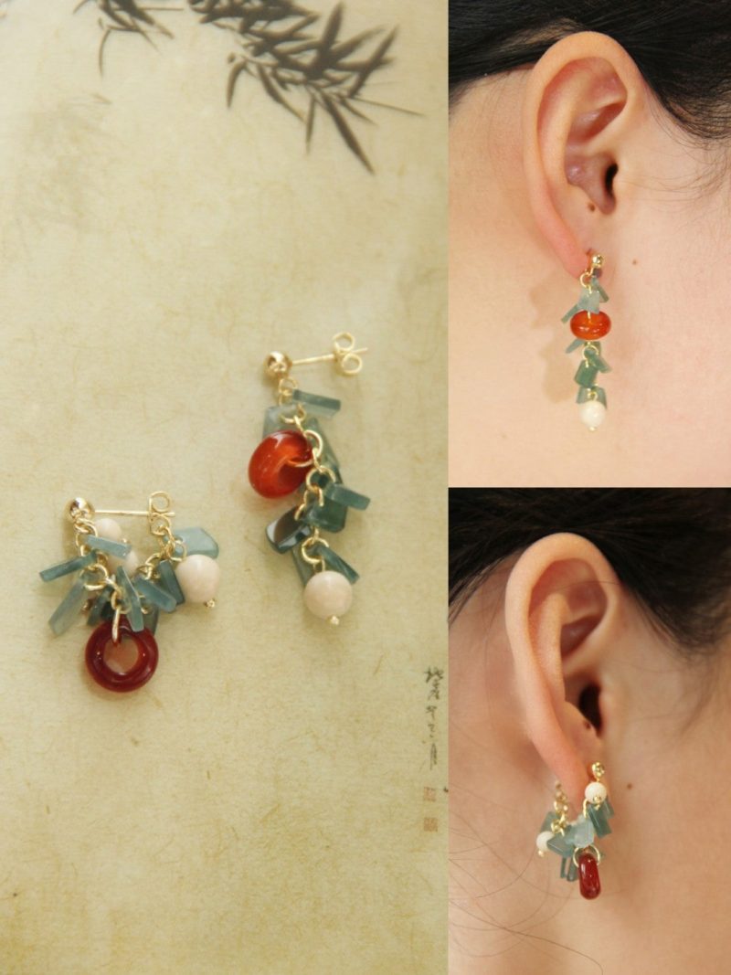 Chinoiserie NaturalJadeAgateBambooEarrings4