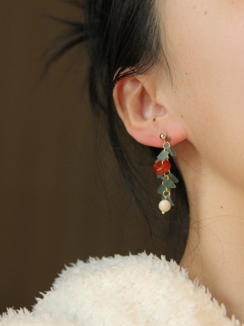 Chinoiserie NaturalJadeAgateBambooEarrings7