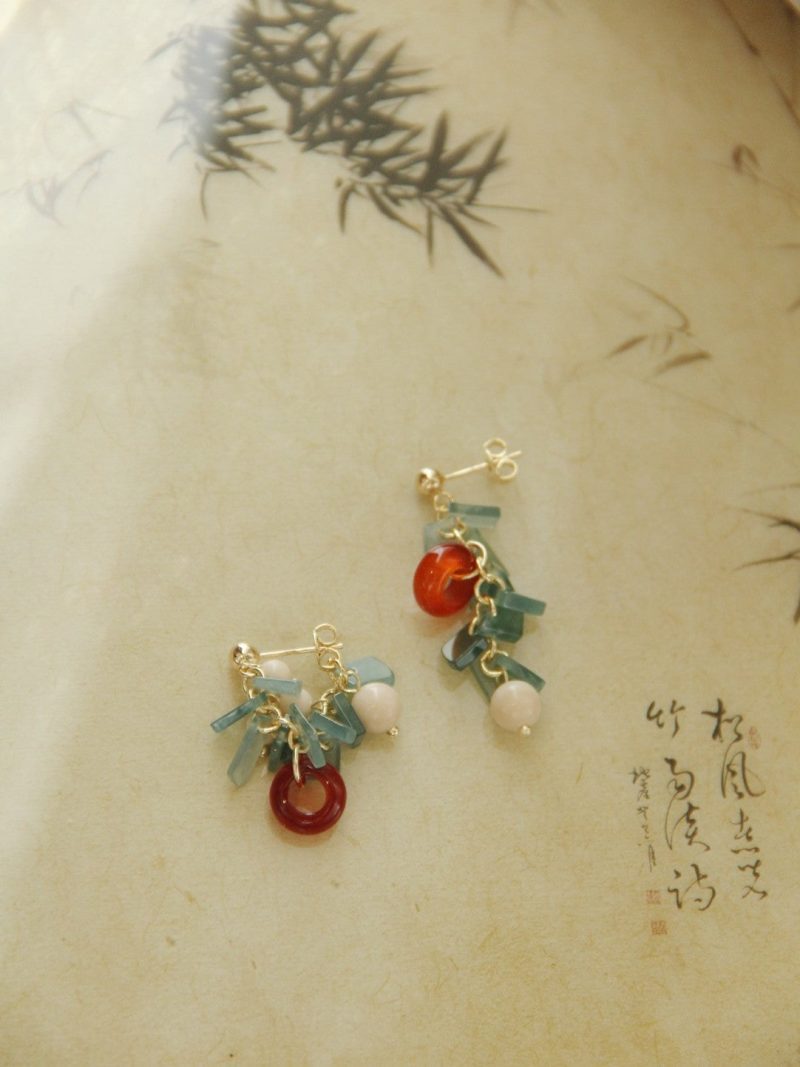 Chinoiserie NaturalJadeAgateBambooEarrings8