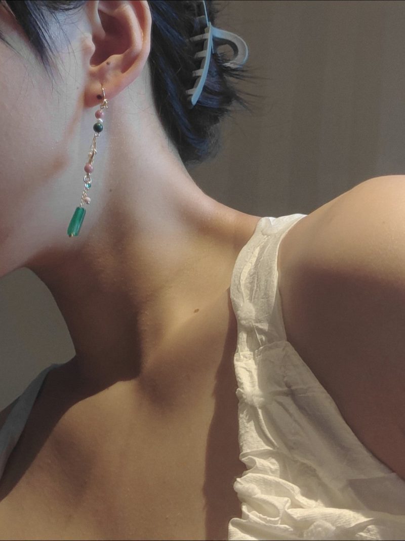 Chinoiserie NaturalJadeGreenPinkBeadedDropEarrings5