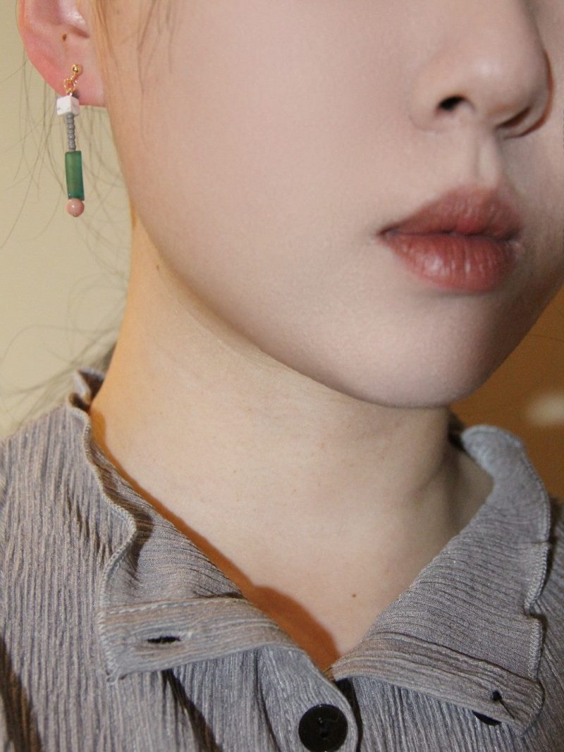 Chinoiserie NaturalJadePinkPeachAsymmetryBeadedEarrings4