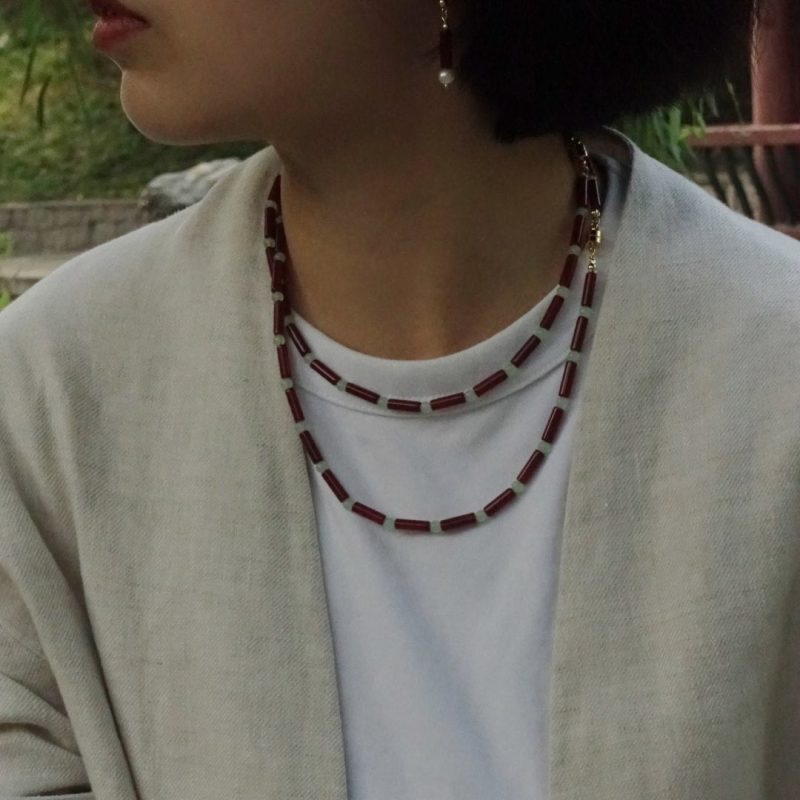 Chinoiserie NaturalRedAgateChalcedonyBeadedNecklace1