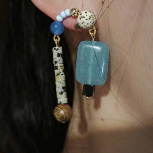 Chinoiserie NaturalSandalwoodAsymmetricBlueEarrings2