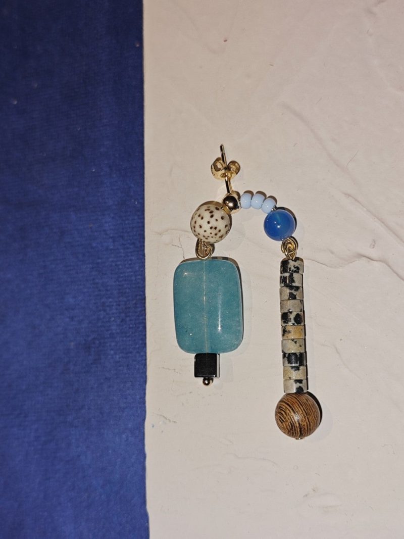 Chinoiserie NaturalSandalwoodAsymmetricBlueEarrings3