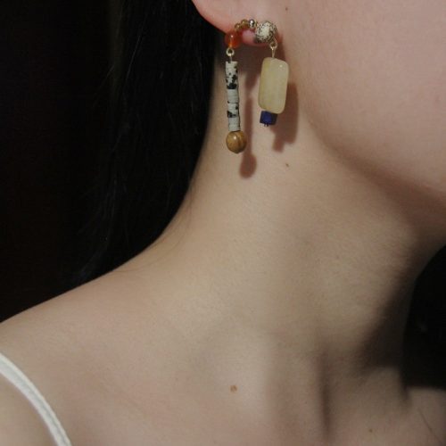 Chinoiserie NaturalSandalwoodAsymmetricBlueEarrings7