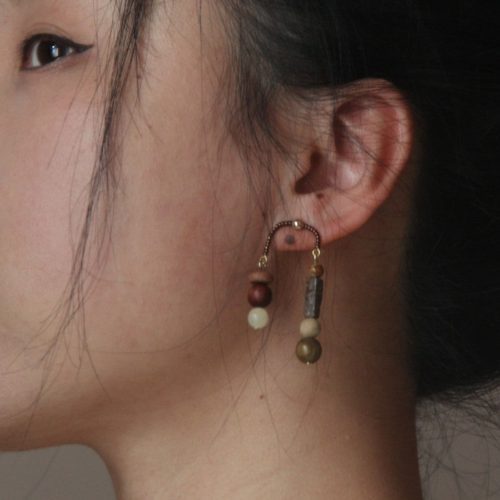 Chinoiserie NaturalSandalwoodAsymmetricalDangleEarrings3