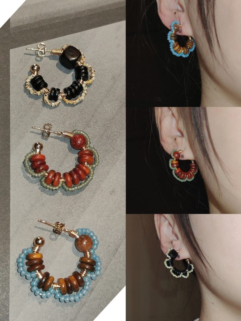 Chinoiserie NaturalSandalwoodFlowerHoopEarrings1