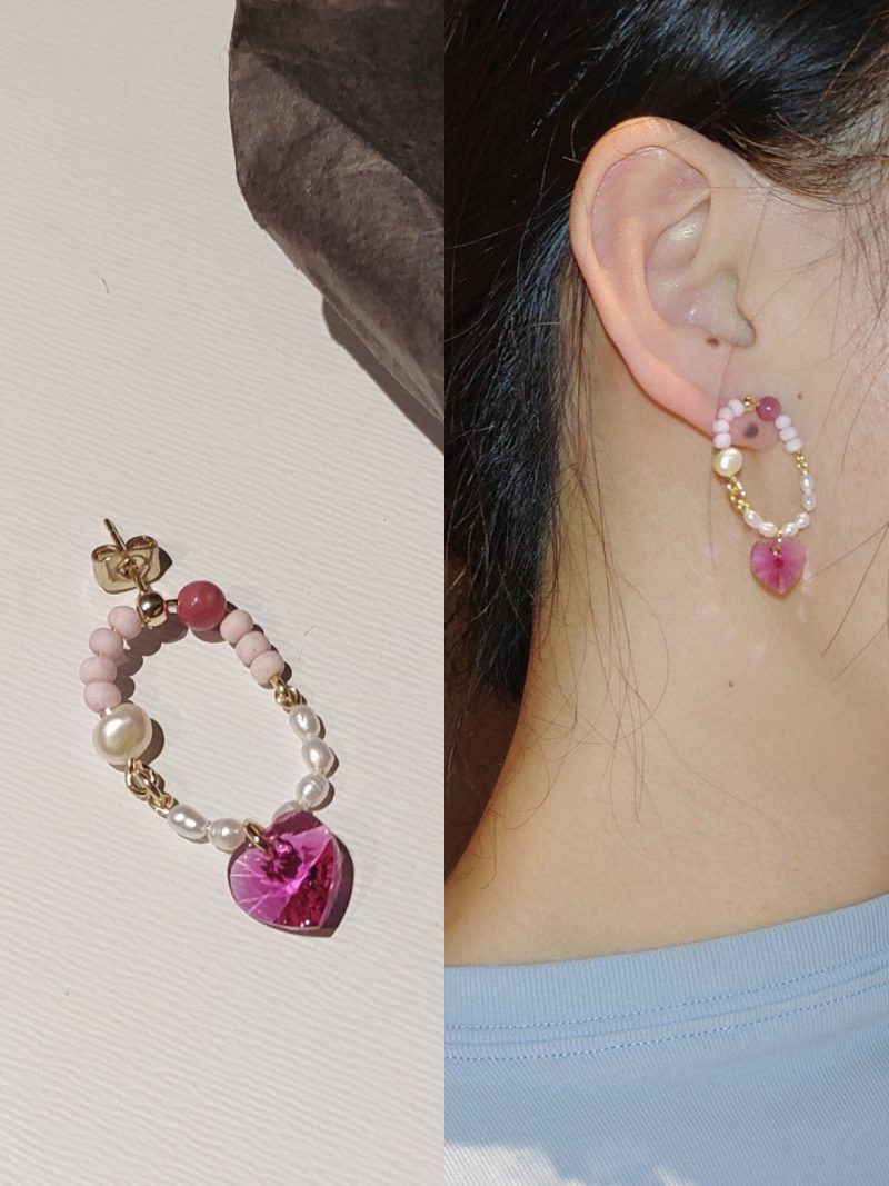 Chinoiserie PinkCrystalPearlHoopEarrings1