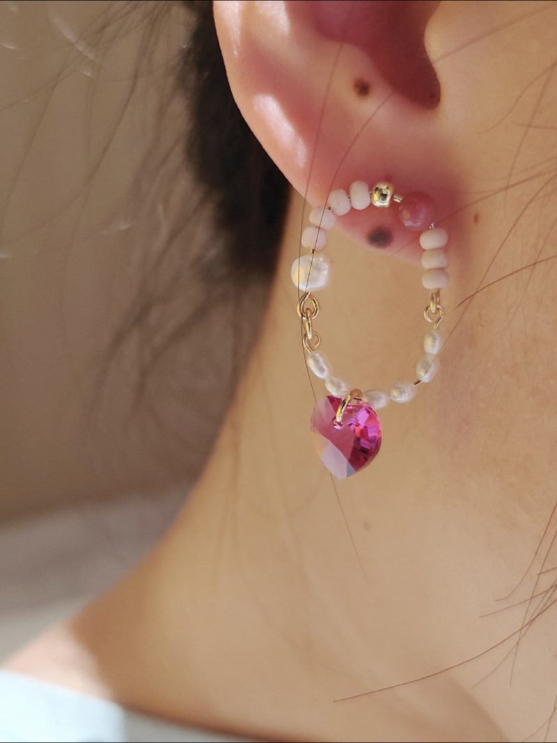 Chinoiserie PinkCrystalPearlHoopEarrings2