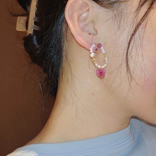 Chinoiserie PinkCrystalPearlHoopEarrings4