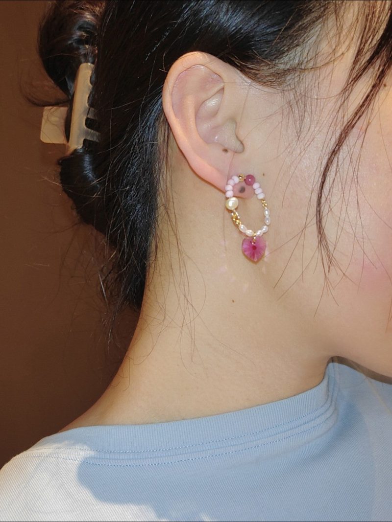 Chinoiserie PinkCrystalPearlHoopEarrings4