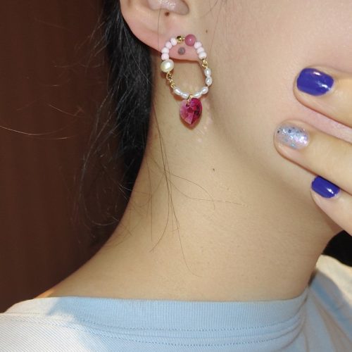 Chinoiserie PinkCrystalPearlHoopEarrings8