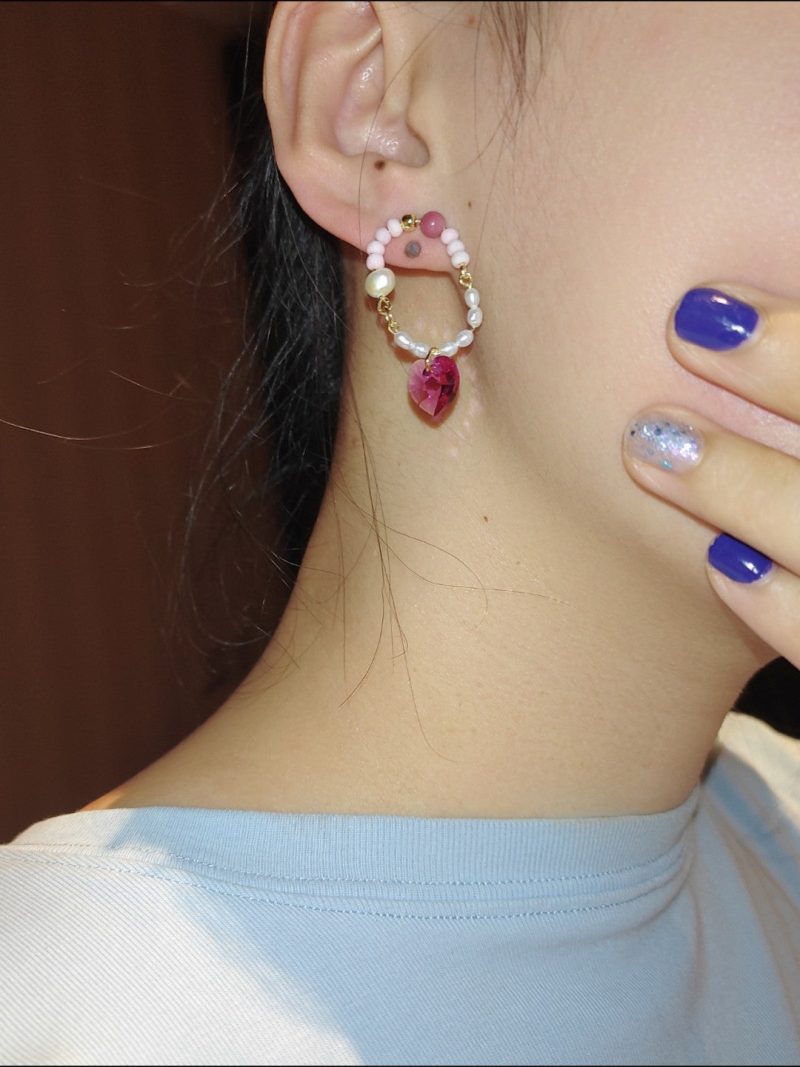 Chinoiserie PinkCrystalPearlHoopEarrings8