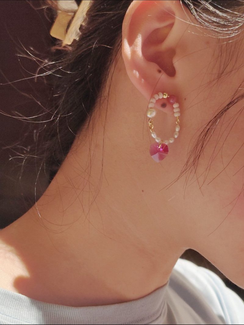 Chinoiserie PinkCrystalPearlHoopEarrings9