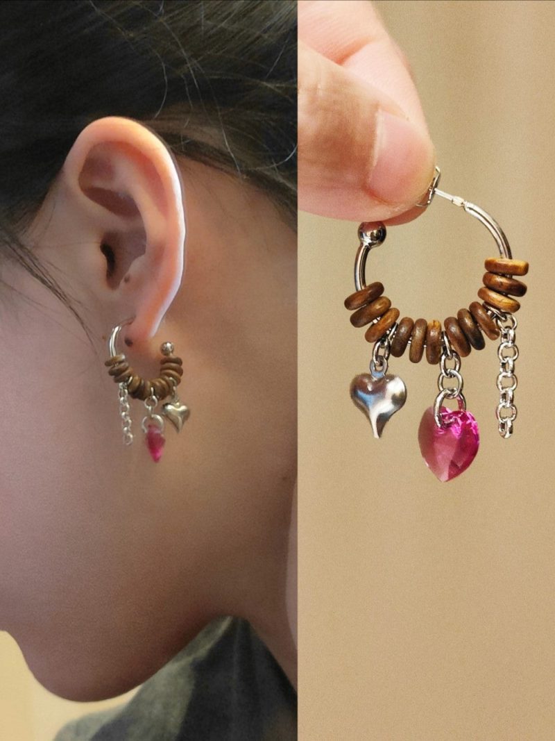 Chinoiserie PinkCrystalSandalwoodHoopEarrings1