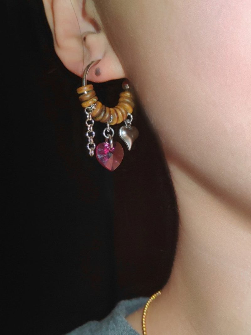 Chinoiserie PinkCrystalSandalwoodHoopEarrings7