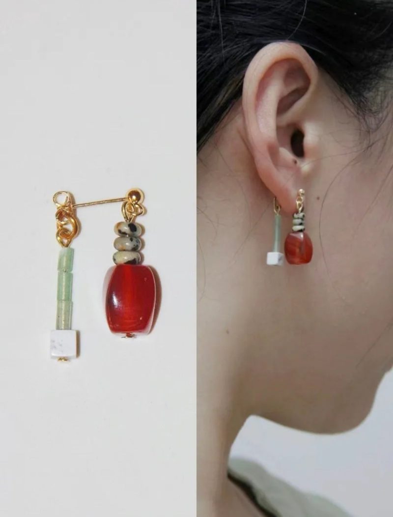 Chinoiserie RedAgateIrregularDangleEarrings1