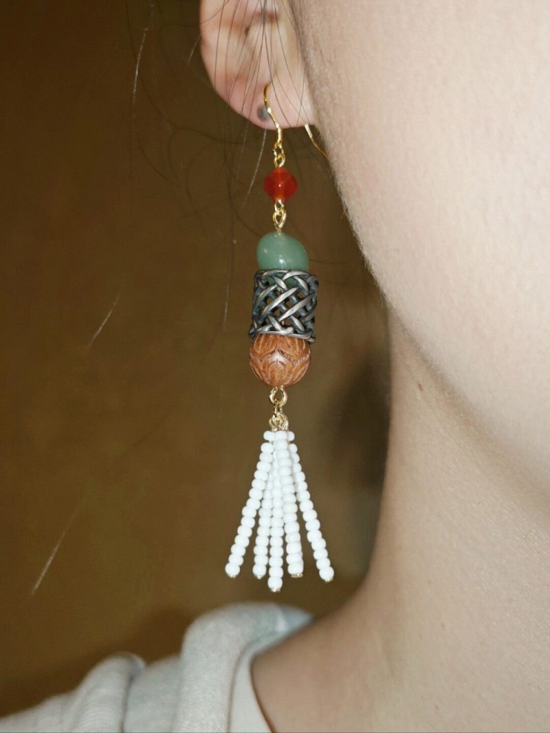 Chinoiserie RedGreenLongTasselEarrings10