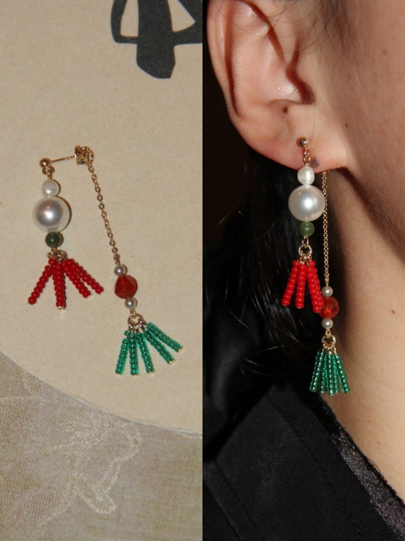 Chinoiserie RedGreenTasselBeadedDropPearlEarrings1