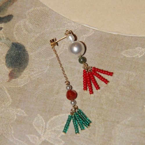 Chinoiserie RedGreenTasselBeadedDropPearlEarrings3