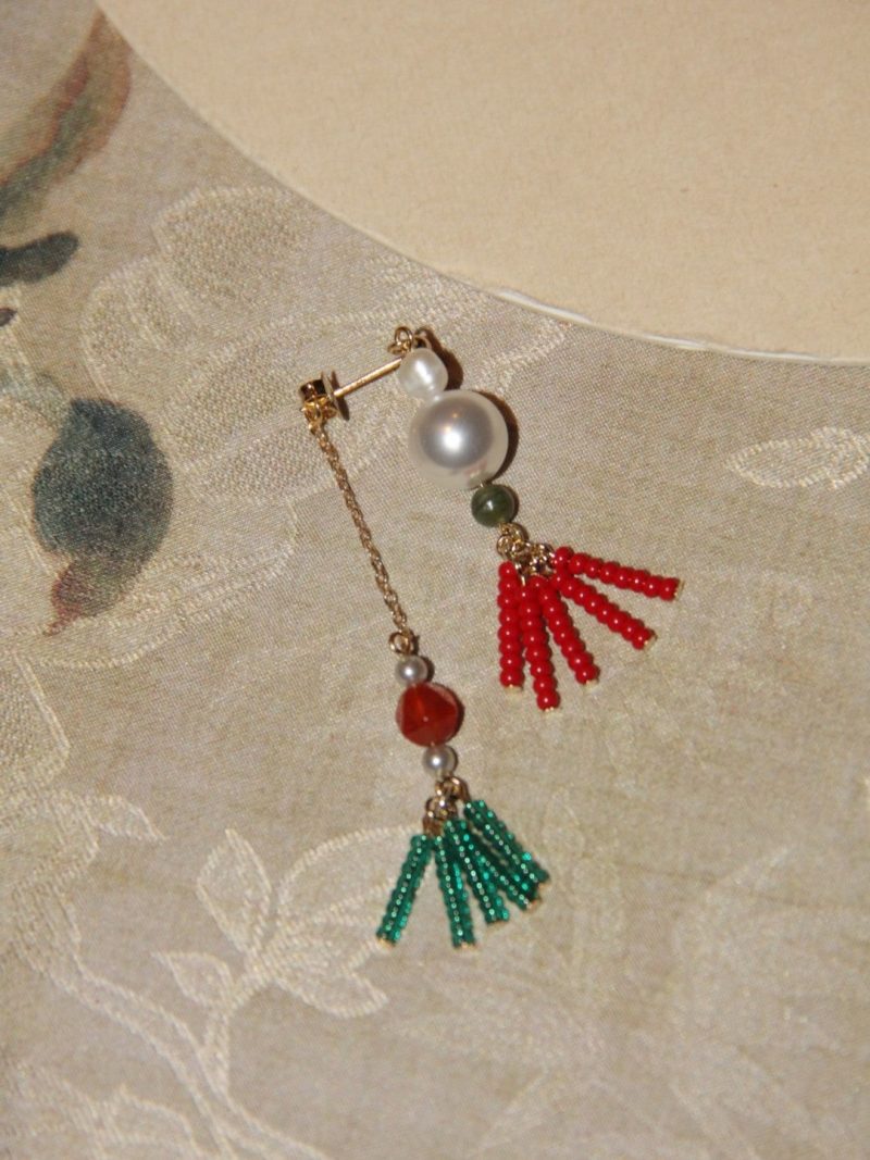 Chinoiserie RedGreenTasselBeadedDropPearlEarrings3