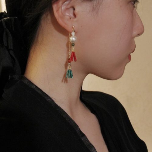 Chinoiserie RedGreenTasselBeadedDropPearlEarrings4