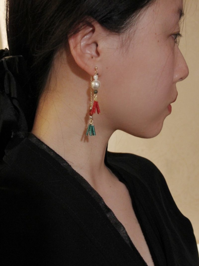 Chinoiserie RedGreenTasselBeadedDropPearlEarrings4