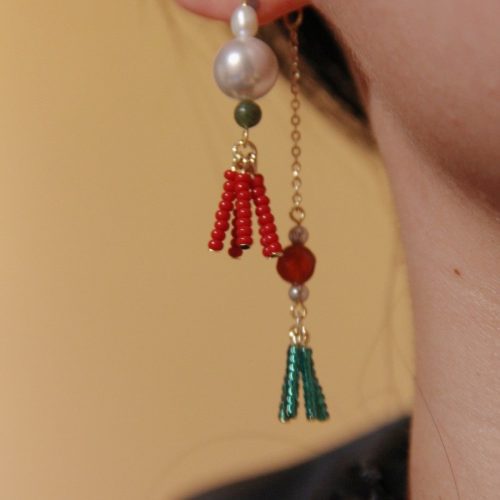 Chinoiserie RedGreenTasselBeadedDropPearlEarrings5