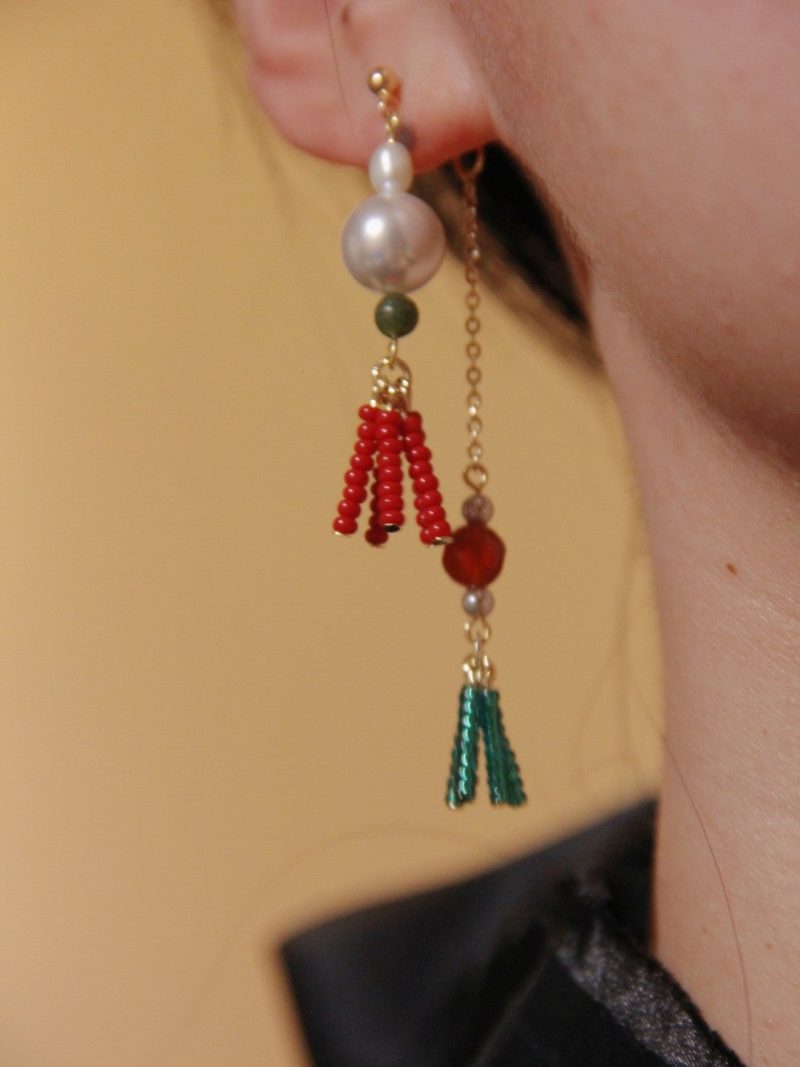 Chinoiserie RedGreenTasselBeadedDropPearlEarrings5