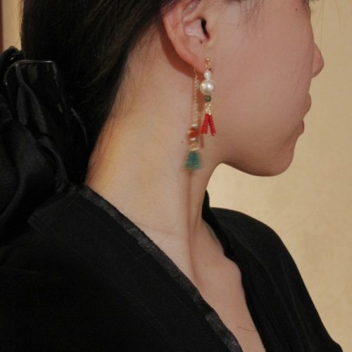 Chinoiserie RedGreenTasselBeadedDropPearlEarrings6