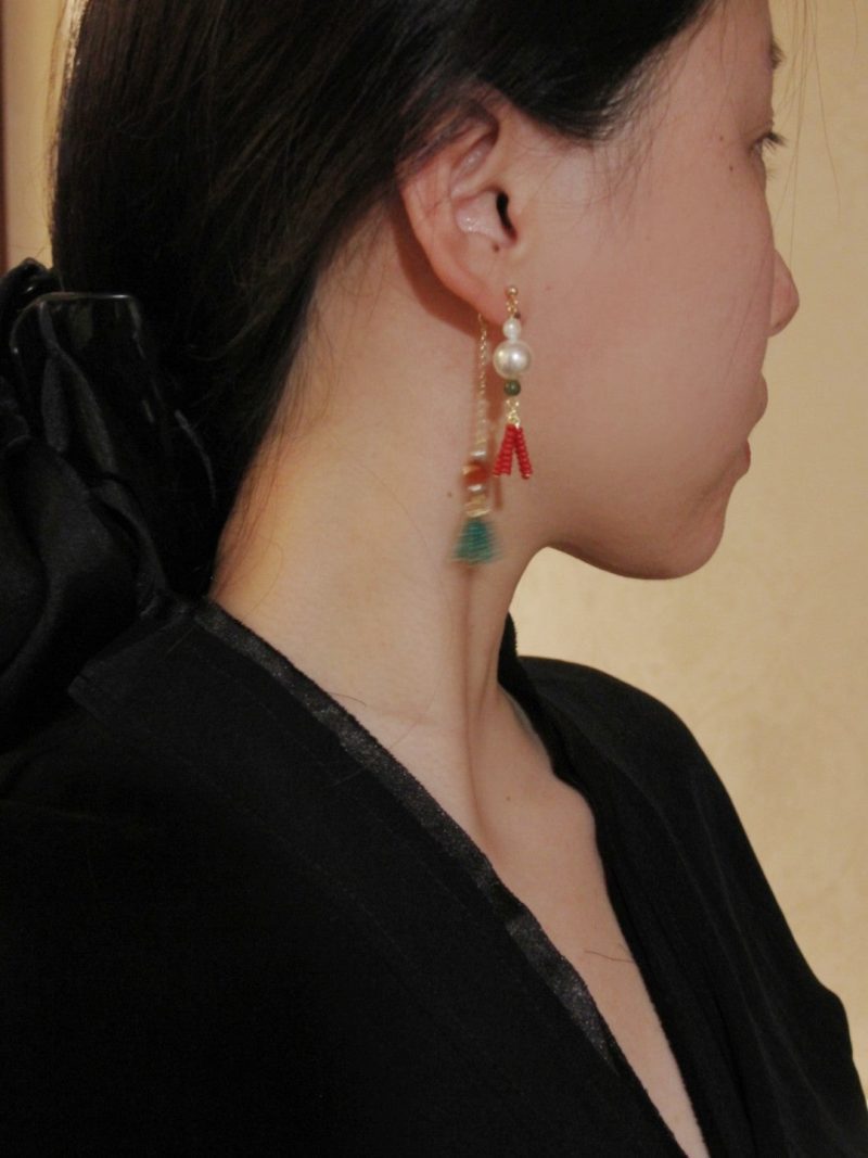 Chinoiserie RedGreenTasselBeadedDropPearlEarrings6