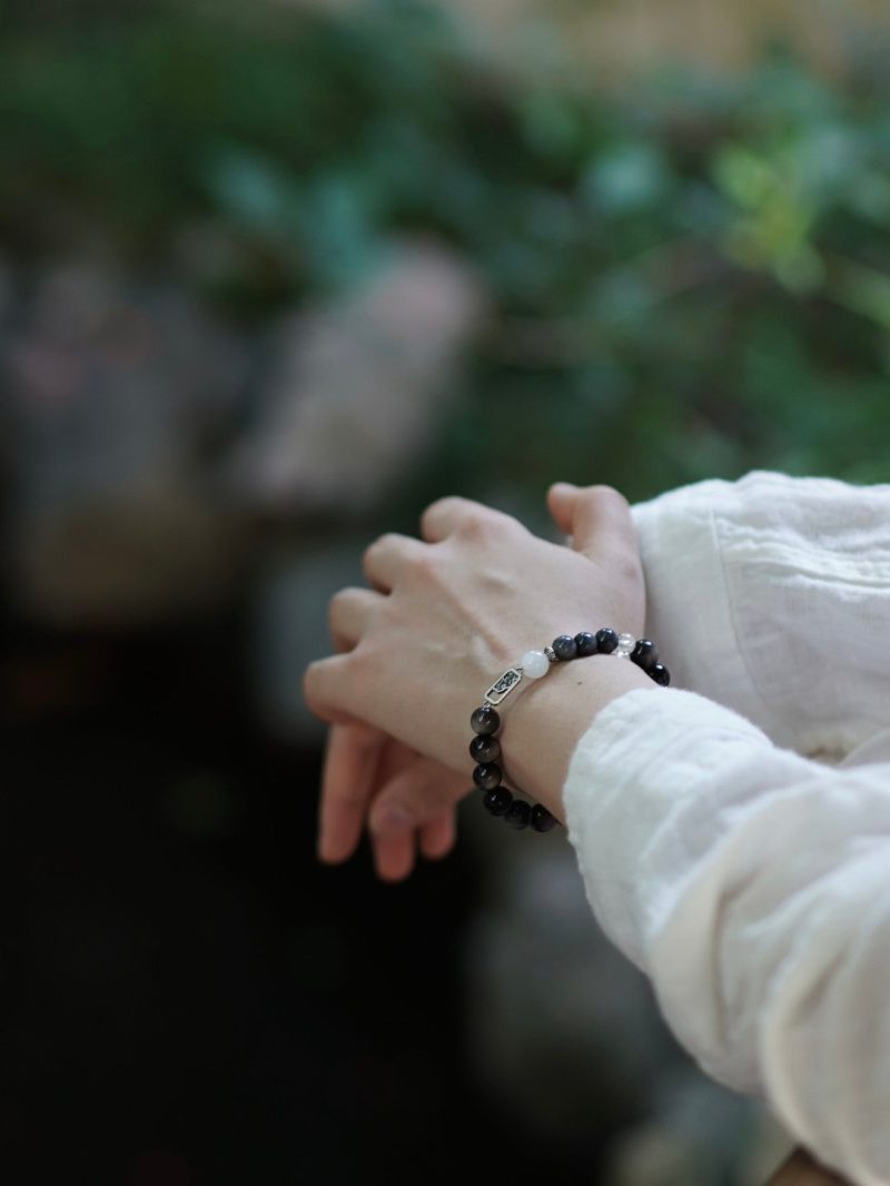 Chinoiserie SilverObsidianJadeBeadedBracelet3