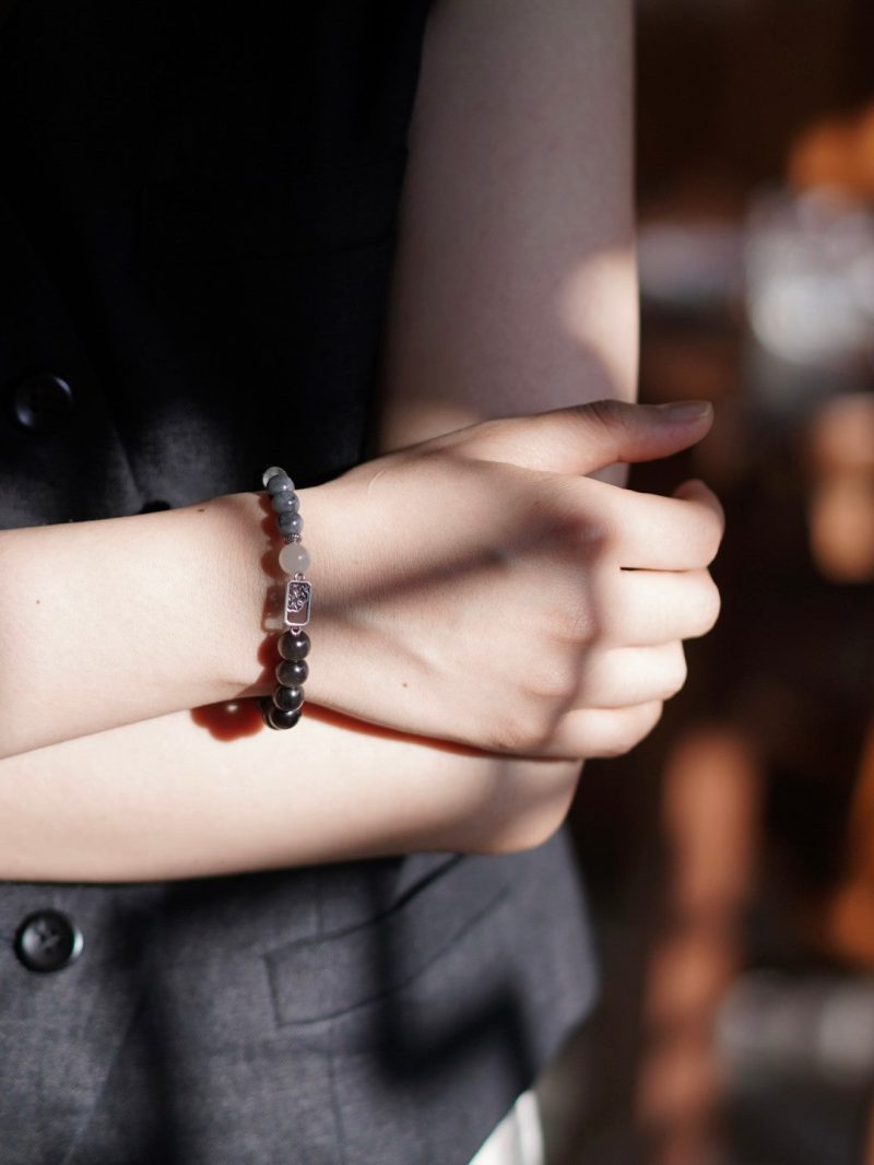 Chinoiserie SilverObsidianJadeBeadedBracelet4