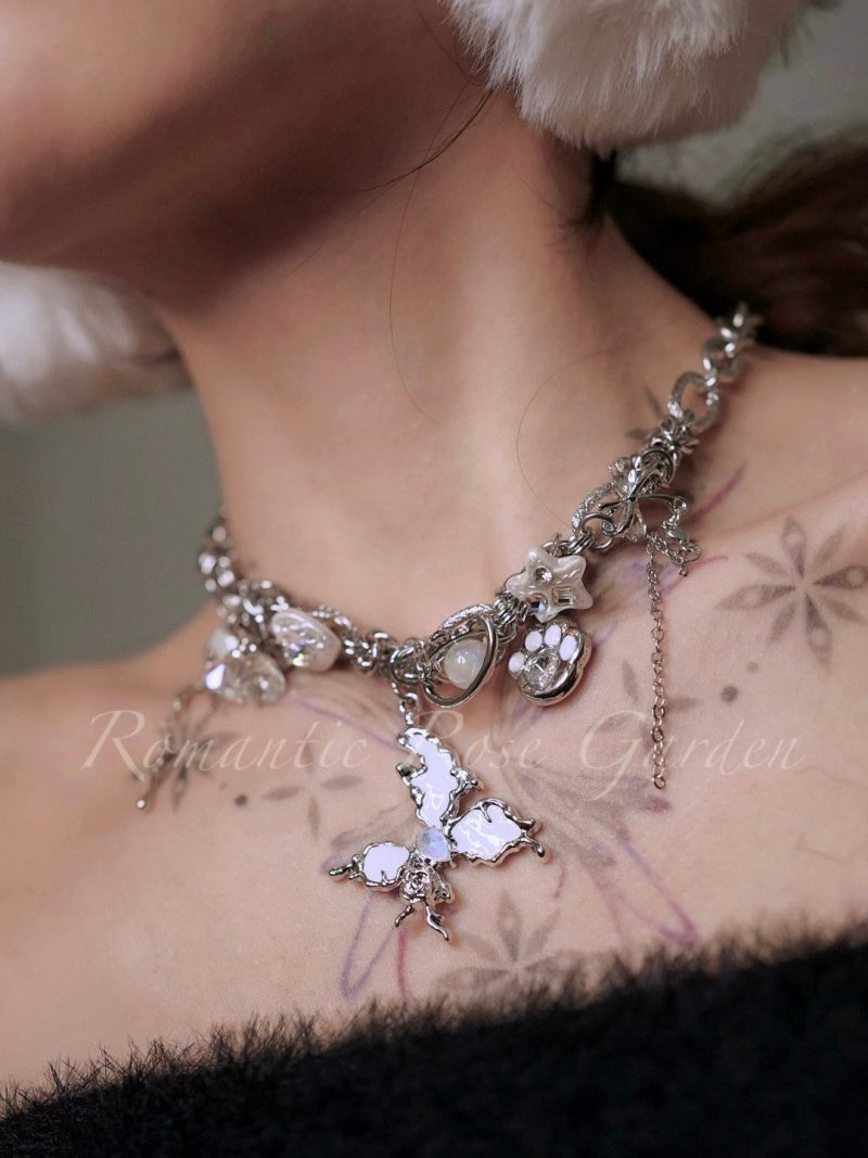 DoubleStrandWhiteButterflyChoker11