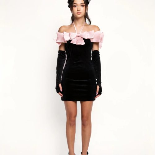 EvelynBlack PinkBowBodyconMiniDress5