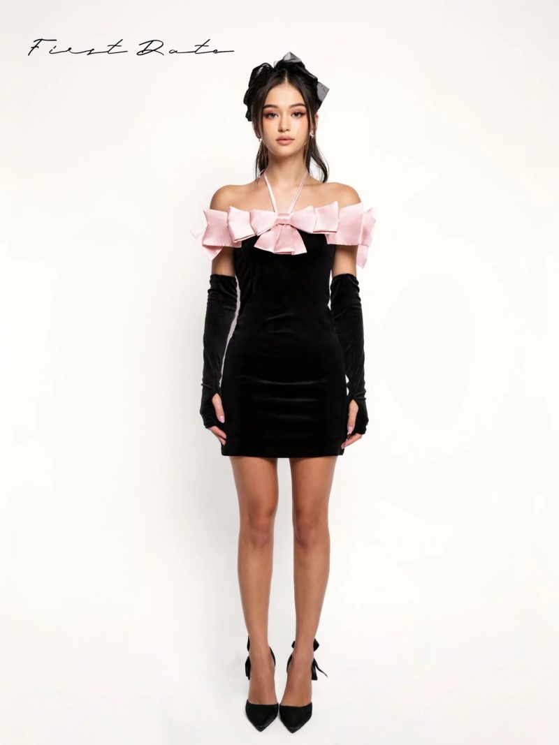 EvelynBlack PinkBowBodyconMiniDress5