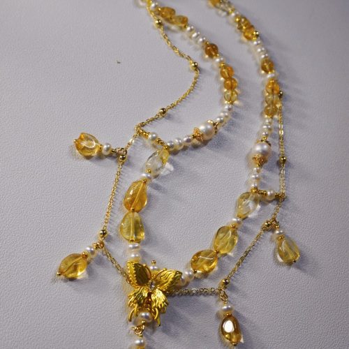 GoldButterflyMultilayerPearlCrystalBeadedNecklace1