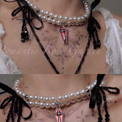 GothicBalletBlackBowThreeStrandPearlChoker5