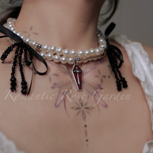 GothicBalletBlackBowThreeStrandPearlChoker7