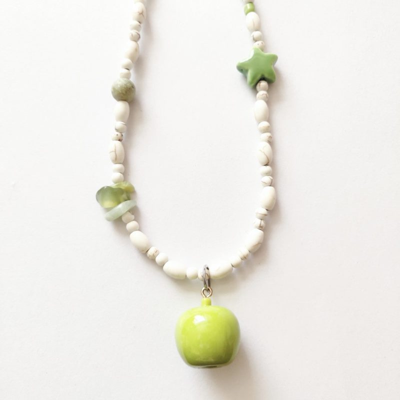 GreenAppleCharmWhiteTurquoiseBeadedNecklace1