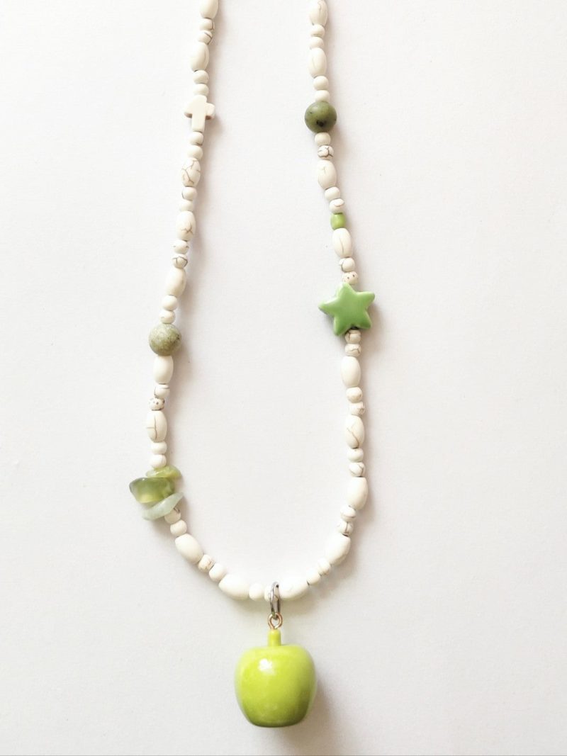 GreenAppleCharmWhiteTurquoiseBeadedNecklace2