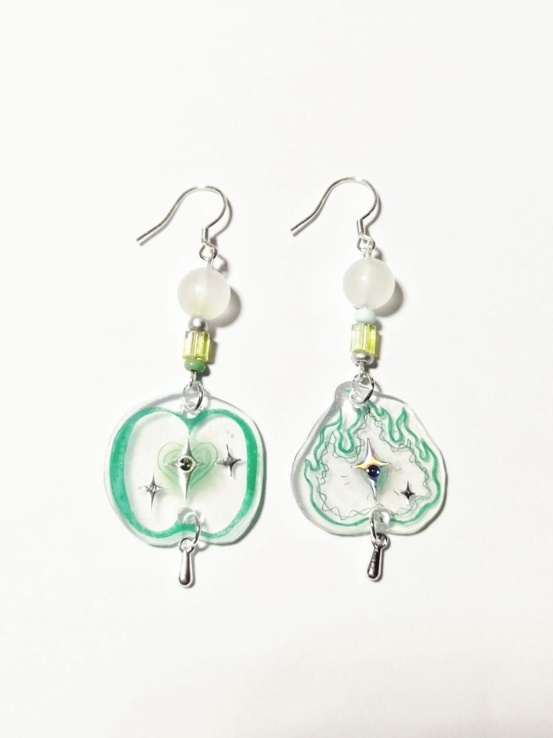 GreenAppleFireAsymmetricShrinkPlasticEarring