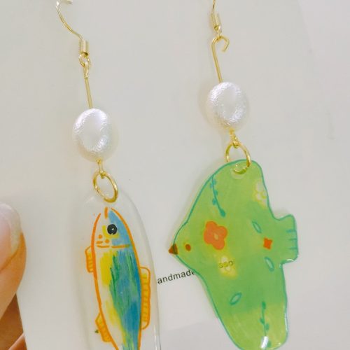 GreenBirdAndFishAsymmetricShrinkPlasticEarring5