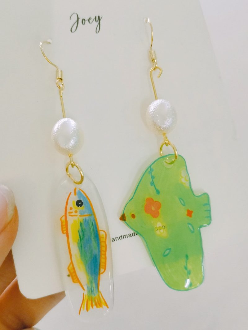 GreenBirdAndFishAsymmetricShrinkPlasticEarring5