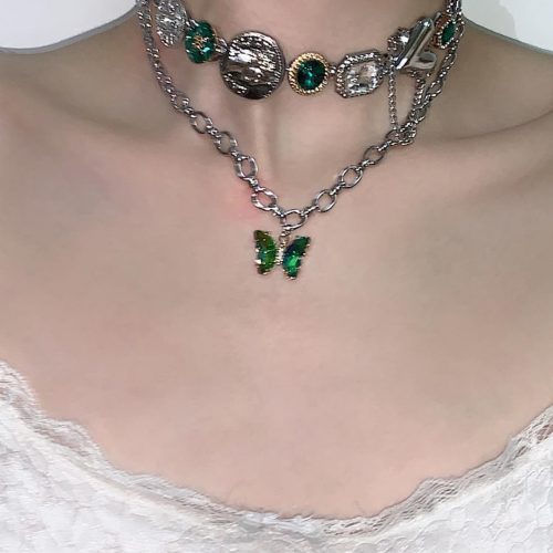 GreenButterflyLayeredTasselChoker1