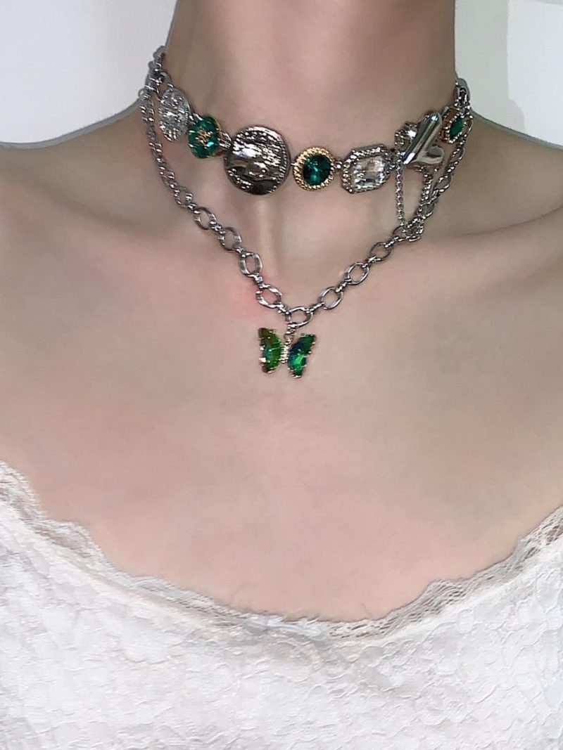 GreenButterflyLayeredTasselChoker1