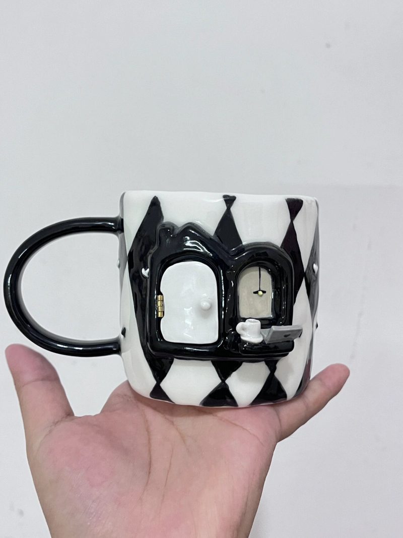 HandmadeBlackPlaidMonkeyCeramicCup1