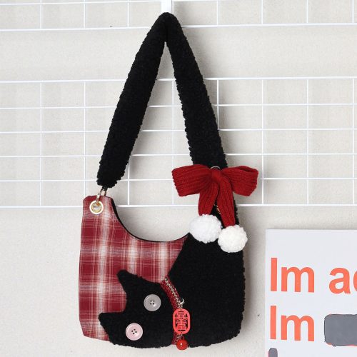 MiniRedPlaidPlushCatBowShoulderBag2