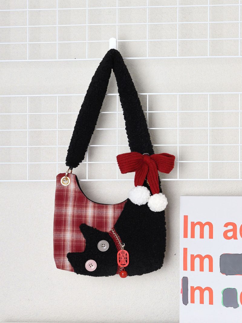 MiniRedPlaidPlushCatBowShoulderBag2